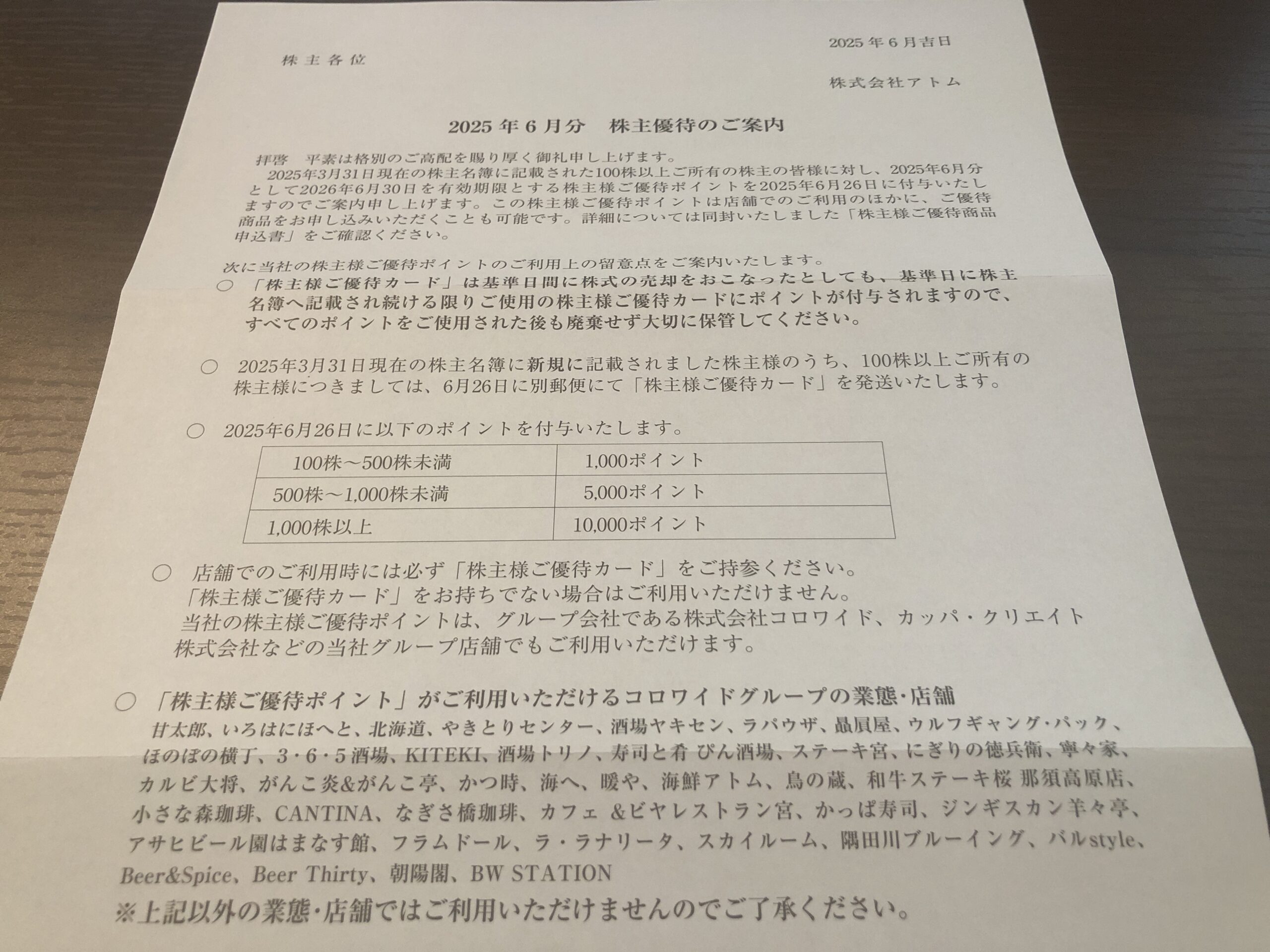 アトム　株主優待